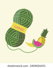 Flat Design Summer Illustration with Set of Two Balls of Woolen Thread and Fruits