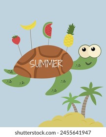  Flat Design Summer Illustration with Turtle and Fruits,Palms