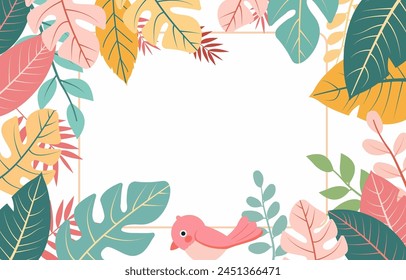 Flat Design of Summer Leaf Line Frame Background with Copy Space in the Middle