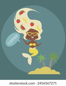 Flat Design Summer with Mermaid at Sunglasses,Palms,Fruits