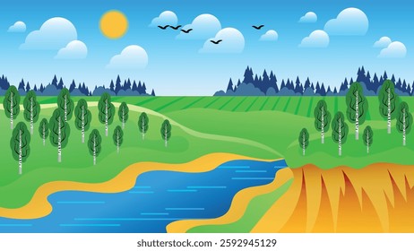 Flat design summer natural landscape. Birches on the hilly banks of a winding river against the background of fields, forest, sky with sun, clouds, flying birds. Vector.