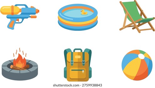 Flat design summer and outdoor activity icons featuring water gun inflatable pool lawn chair fire pit and travel backpack