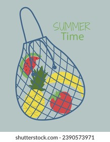 Flat Design Summer Time Illustration with Reusable Shopping bag and Fruits
