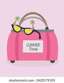Flat Design Summer Time Illustration with Vintage Bag and Sunglasses	