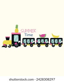 Flat Design Summer Time Illustration with Children's Train and Fruits	
