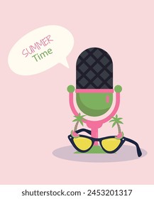  Ilustración de verano de diseño plano con micrófono retro y palmeras, gafas de sol