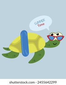  Flat Design Summer Time Illustration with Turtle at Sunglasses, Swimming Pool Baloon