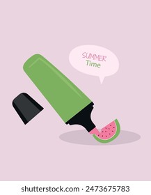 Flat Design Summer Time Illustration With Marker and Watermelon