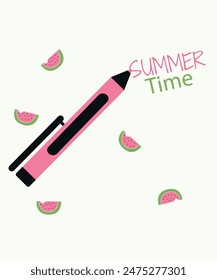 Flat Design Summer Time Illustration with Pen and Watermelon	