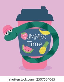 Flat Design Summer Time Illustration with Snake and Hot Drink