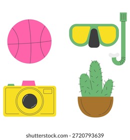 Objeto de vacaciones de verano de diseño plano con snorkel, baloncesto, cactus e icono de cámara