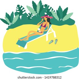 Flat design of summer vacation, travel, nature, tourism. Modern vector illustration concept on isolated white background. Girl with smartphone sitting in a deck chair on the beach.