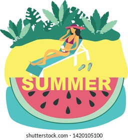 Flat design of summer vacation, travel, nature, tourism. Modern vector illustration concept on isolated white background. Girl with smartphone sitting in a deck chair on the beach. Text summer cut out