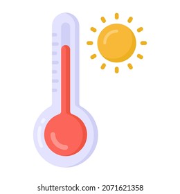 Flat design of sun with thermometer, hot weather icon