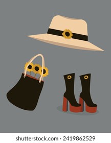 Flat Design Sunflower Illustration with Bag, Vintage Boot, Hat