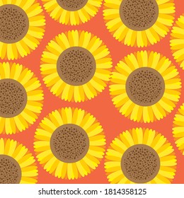 Flat Design Sunflower Pattern on Orange Background  Vector Illustration.