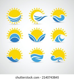 flat design suns waves icons set vector