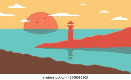 Flat design of sunset beach and lighthouse with retro colors