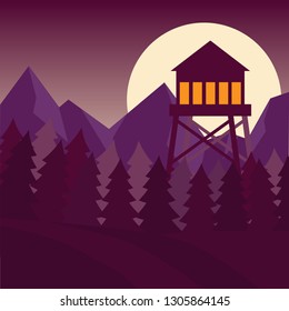 Flat design sunset forest with watch tower vector illustration