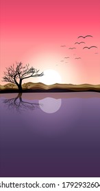 Flat design sunset. Lone tree over water at sunset. Vector illustration