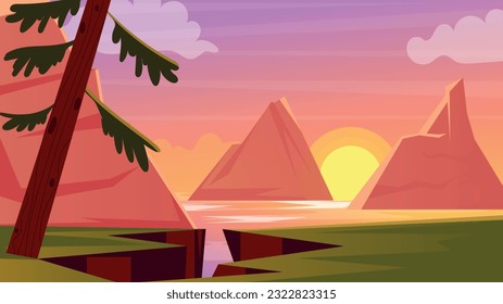Diseño plano de las montañas puestas de sol 