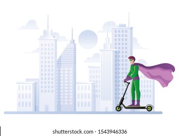 Flat design with superhero on electric scooter traveling through the city.