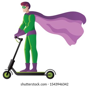 Flat design with superhero on electric scooter over white background.