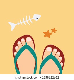 flat design survival on the beach with starfish & fish bones Vector on vacation isolated. feet standing in slippers & flip flops cartoon view shot above. nature life & travel in tropical world concept