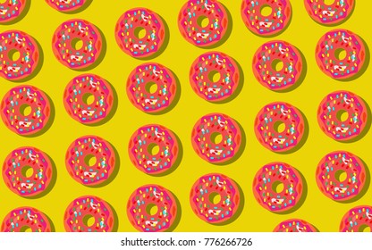 Flat Design With Sweet Donut. Donut With Pink Glaze Isolated On Yellow Background. Design Concept For Placards, Banners, Presentations, Reports, Card And Wallpaper.Vector Illustration. Eps 10.