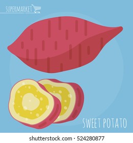 Flat design sweet potato vector icon template. Organic natural fiber antioxidant fresh farm vegetable.