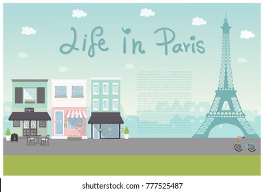 Flat design symbol of Paris city with building, flower shop, cafe and Eiffel tower. Vector illustration. 