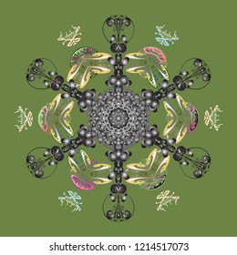 Flat design. Symbol winter, frozen, Christmas, New Year holiday. Graphic element decoration. Vector illustration. Snowflake mosaic icon. Green, gray and neutral silhouette snow flake sign.