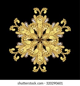 Flat design. Symbol winter, frozen, Christmas, New Year holiday. Silhouette snow flake sign isolated golden colors. Vector illustration. Graphic element decoration. Snowflake mosaic icon.