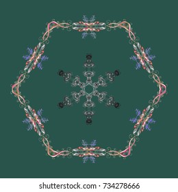 Flat design. Symbol winter, frozen, Christmas, New Year holiday. Snowflake mosaic icon. Vector. Green, gray and neutral silhouette snow flake sign isolated. Graphic element decoration.