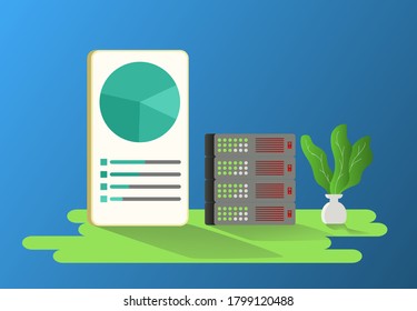 Flachbild-Tablettendiagramm auf dem Datenserver, Backup-digitales Cloud-Netzwerk isoliertes Konzept zur Überprüfung von Big-Data-Zeichen-Abbildung

