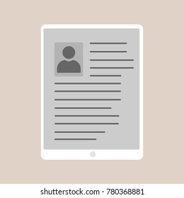 a flat design tablet or smart phone vector modern with resume, cv photo or image of male illustration