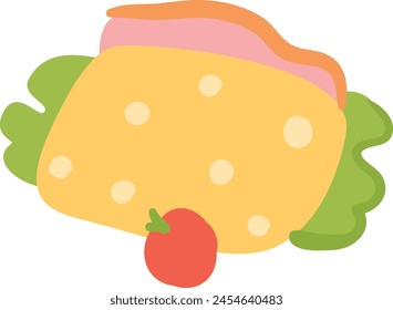 Flat design taco graphic yellow shell, green lettuce, pink topping, red tomato. Cartoon taco illustration perfect menu childrens book, drawing isolated white background, simplistic food illustration