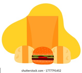 Flat Design Take Away Delivery Burger with yellow background abstract