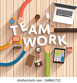 Flat design talking about digital marketing as text "Teamwork" on desktop.Vector Illustration