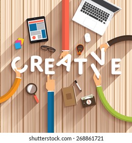 Flat design talking about digital marketing as text "Creative" on desktop.Vector Illustration