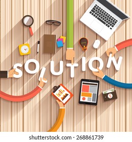 Flat design talking about digital marketing as text "Solution" on desktop.Vector Illustration