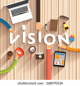 Flat design talking about digital marketing as text "Vision" on desktop.Vector Illustration