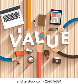 Flat design talking about digital marketing as text "Value" on desktop.Vector Illustration