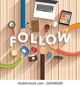 Flat design talking about digital marketing as text "Follow" on desktop.Vector Illustration.