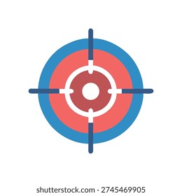 Flat design target icon with blue and pink rings, crosshair lines, and a black center on a White Background.