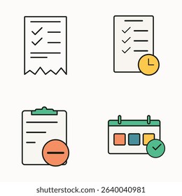 Flat design task checklist icons with calendar, time reminder, completion tick, and cancellation mark