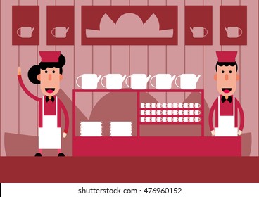 flat design  tea sellers smiling red background with white teapots Chinese restaurant friendly staff