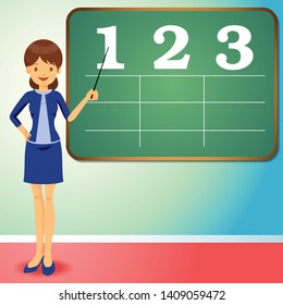 flat design teacher with black board