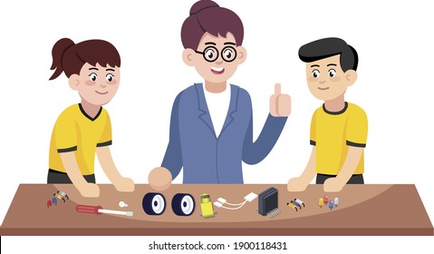 Flat design of teacher with students in robotics class. Student learning robotics under the guidance of teacher vector illustration 