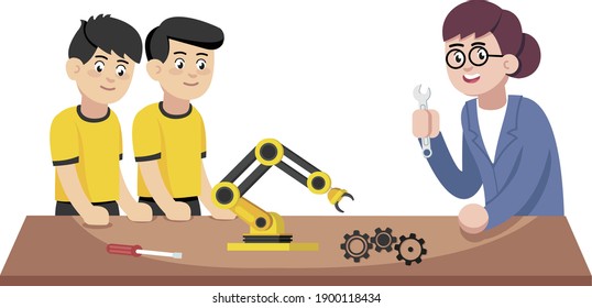 Flat design of teacher with students in robotics class. Student learning robotics under the guidance of teacher vector illustration 